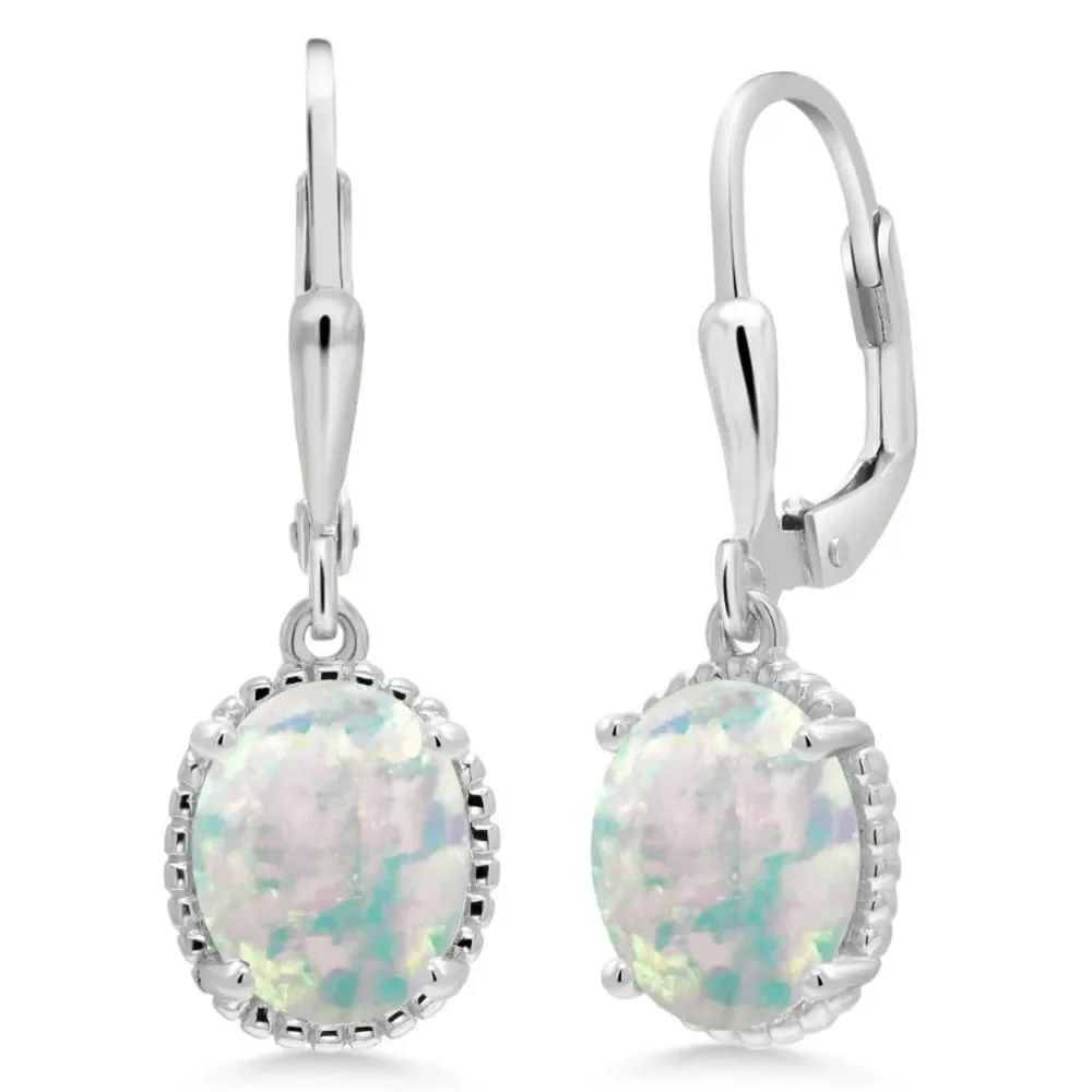 925 Sterling Silver with 2.00 Cttw White Opal Oval Leverback Hook Earrings